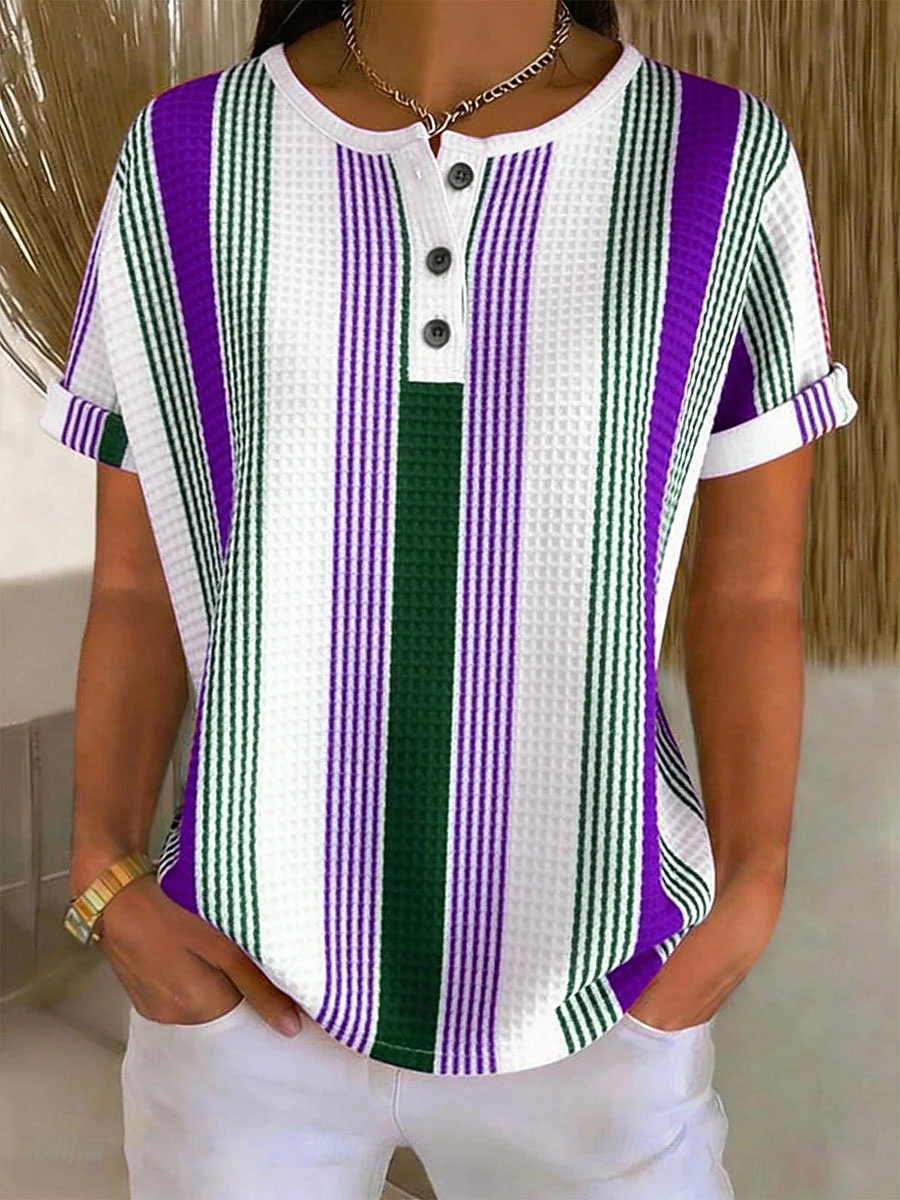 Per donna Top a maglia con texture Maglietta Blocco di colore Grafico Geometria Elegante Classico Manica Corta Girocollo Henley Top lunghi Quotidiano Sportivo Blu Rosso Viola Verde Estate Primavera del 2026 a $21.99 –P2