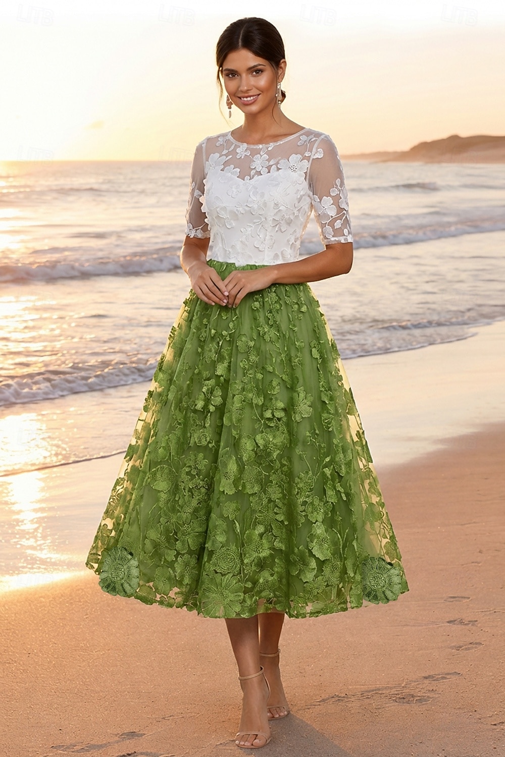 A-Line Tea Length Lace Dress Cocktail Dresses Elegant Vintage Floral Half Sleeve Crew Neck Garden Party Wedding Pocket Satin Tulle with Embroidered Flower Appliques 2026 - $182.99 –P3
