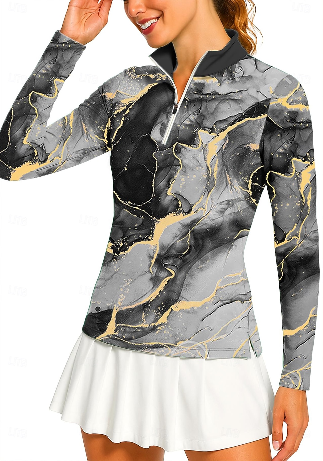 Damen Marmor Golf-Poloshirt Tennis Shirt Tennis-T-Shirt Langarm Druck Viertel Postleitzahl Pullover UV Schutz Elastisch Atmungsaktiv Volleyball Tennis Golfspiel Stehkragen Reißverschlusskragen Hemd 2026 - $25.99 –P9
