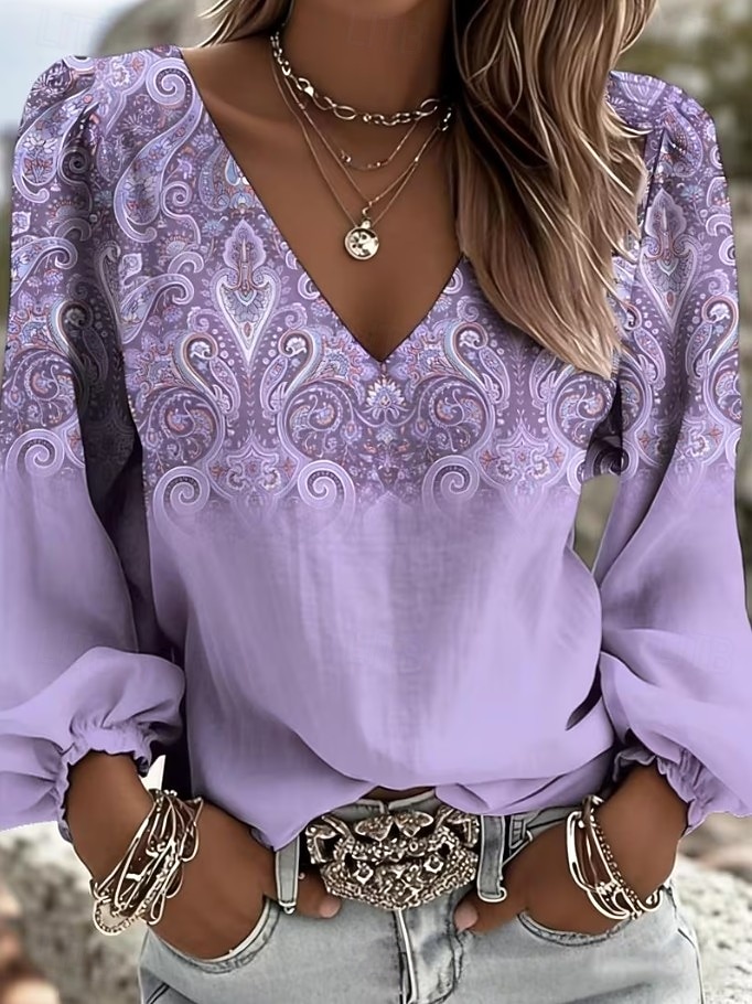 Dame Skjorte Boho skjorte Trykt mønster Blomstret Grafisk Paisly Elegant Bohem Ferie Langermet V-hals Lange topper Avslappet Daglig Ferie Lysegrønn Lys Lilla Oransje Sommer Vår 2026 - $29.99 –P1