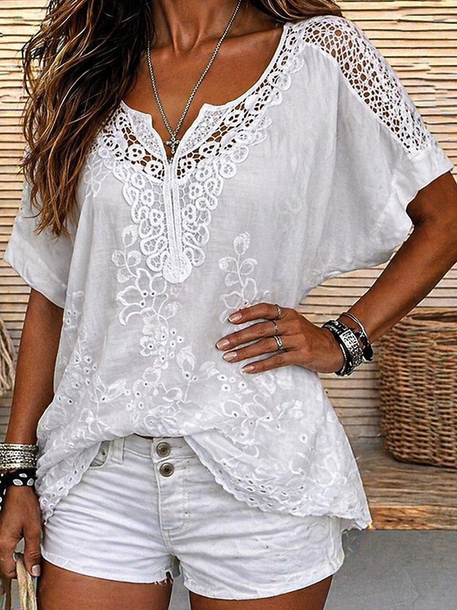 Per donna Blusa Pizzo Tinta unica Elegante Casual Manica Corta Scollo a V Top Regolari Quotidiano Blu Nero Bianco Arancione Grigio Estate Primavera Autunno del 2026 a $9.99 –P2