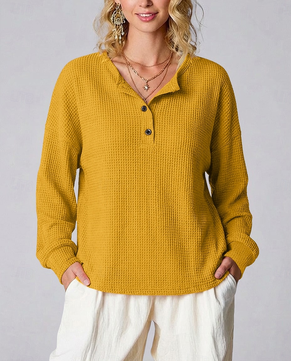 Femmes Chemise Tops en tricot gaufre Couleur Unie Élégant Classique Occasionnel manche longue Henley Hauts Réguliers Quotidien Sports Week-end Noir Blanche Jaune Rouge Orange Été Printemps Automne de 2026 ? $27.99 –P4