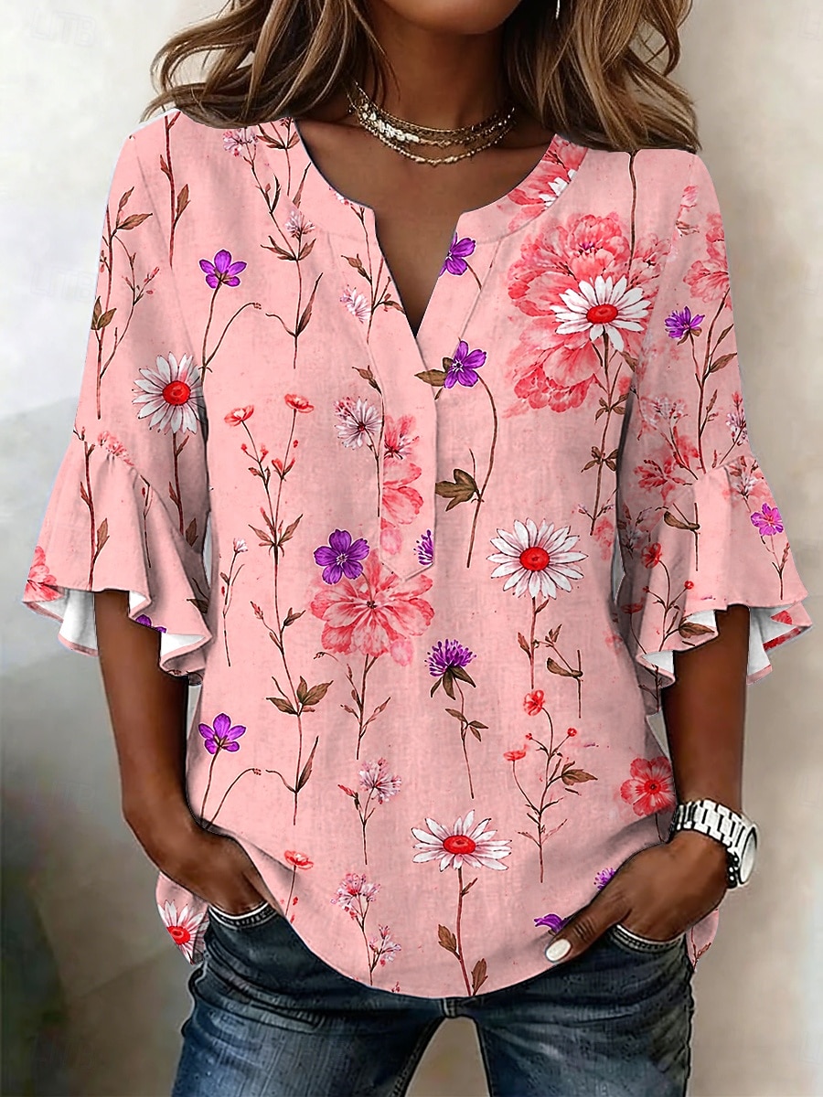 Dames Blouse Ruche Afdrukken Bloemig Grafisch Vakantie Dagelijks Retro vintage 3/4 mouw V-hals Normale tops Casual Dagelijks Feestdagen blauw Geel Blozend Roze Paars Zomer Lente 2026 - $26.99 –P3