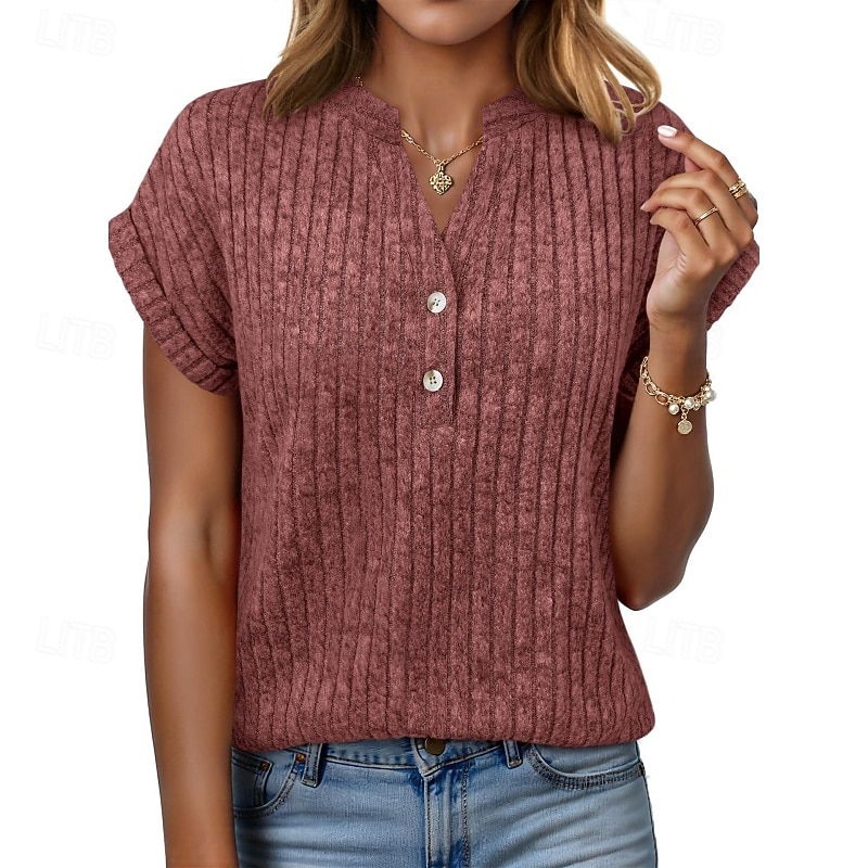 Per donna Maglietta Bottoni Tinta unica Moda Classico Casual Manica Corta Scollo a V Top Regolari Quotidiano Uscire Weekend Blu Nero Verde militare Grigio Estate Primavera del 2026 a $22.99 –P8