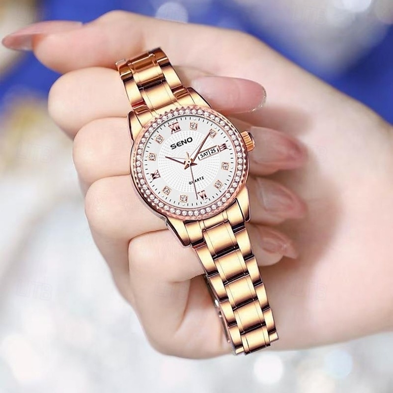 Relógio feminino de luxo, com bisel de diamantes, em aço inoxidável dourado e rosé, elegante e moderno, com janela de dia e data, joia à prova d'água para presentear sua mãe ou esposa. de 2026 por $24.99 –P2