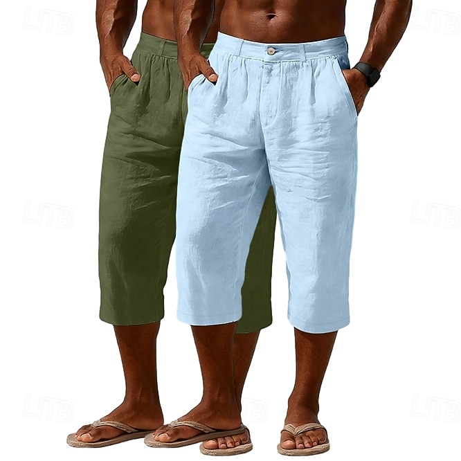 Homme Shorts Capri Shorts en Lin Short décontracté Avec Poches Taille Élastique Uni Confort Respirant Longueur mollet Quotidien Extérieur Plage Vacances Mode Noir + Bleu Marine Bleu Marine + Gris Non de 2026 ? $33.99 –P3