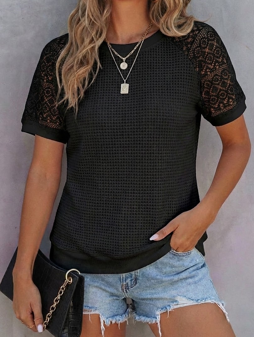Dames Wafel T-shirt Raglan-T-shirt Kant Vetergat Elegant Stijlvol Korte mouw Strakke ronde hals Lange tops Casual Vakantiekleding Zwart Wit Grijs Zomer Lente 2026 - $19.99 –P6