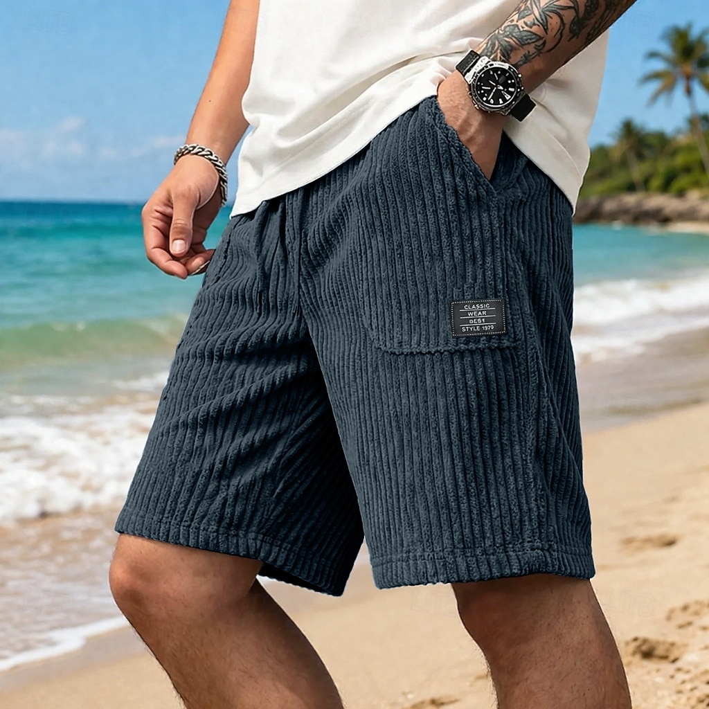 Men's Shorts Casual Shorts Corduroy Shorts Pocket Elastic Waist Plain Textured Comfort Breathable Knee Length Casual Outdoor Beach Vacation Fashion Black White Stretchy 2026 - $26.99 –P4