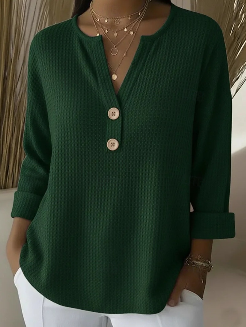2026年 女性用 ブラウス ボタン 純色 日常 スタイリッシュ カジュアル 長袖 Ｖネック レギュラートップス 日常 ブルー ルビーレッド パープル オレンジ グリーン 春 秋  コレクション – $25.99 –P4