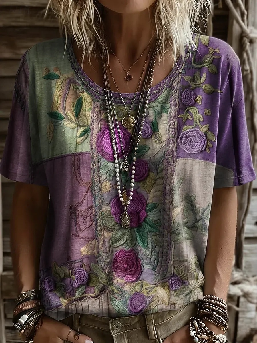 Per donna Maglietta Stampato Floreale Grafico Vintage Elegante Casual Manica Corta Girocollo Top Regolari Casuale Quotidiano Viola Verde Estate Primavera del 2026 a $22.99 –P2