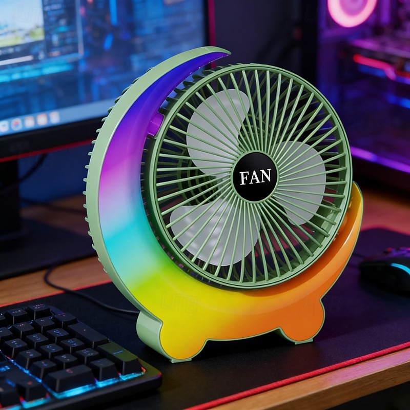Moon Shaped Desk Fan with Rainbow RGB LED Light, 3-Speed Quiet Personal USB Table Fan for Office Bedroom Nightstand, Rechargeable Battery Operated Small Fan for Kids Dorm, Colorful Cooling Gift 2026 - $33.99 –P2