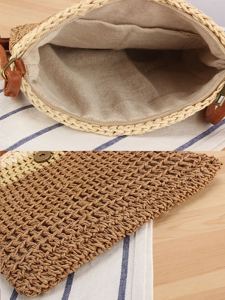 Женская богемная соломенная сумка с кисточкой, регулируемым плечевым ремнем, два цвета (белый и хаки), легкая плетеная пляжная сумка, идеально подходит для отдыха, повседневной носки и летних прогулок. 2026 - $18.99 –P8