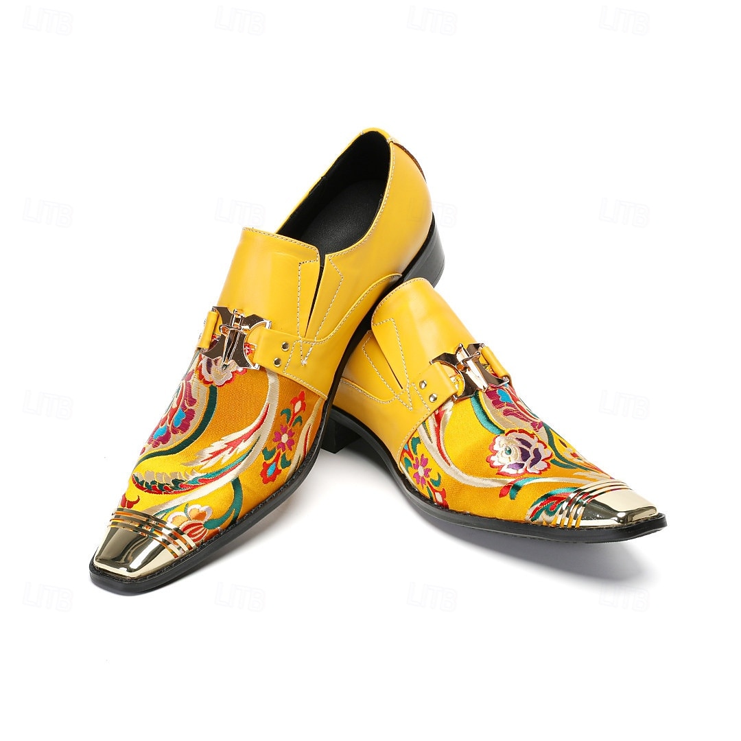 Chaussures habillées pour homme, à boucle, à bout pointu et embout métallique, ornées d'un imprimé floral jaune. Idéales pour les mariages, les banquets, les fêtes, les bals de fin d'année, les événements de mode et les soirées élégantes. de 2026 ? $109.99 –P3