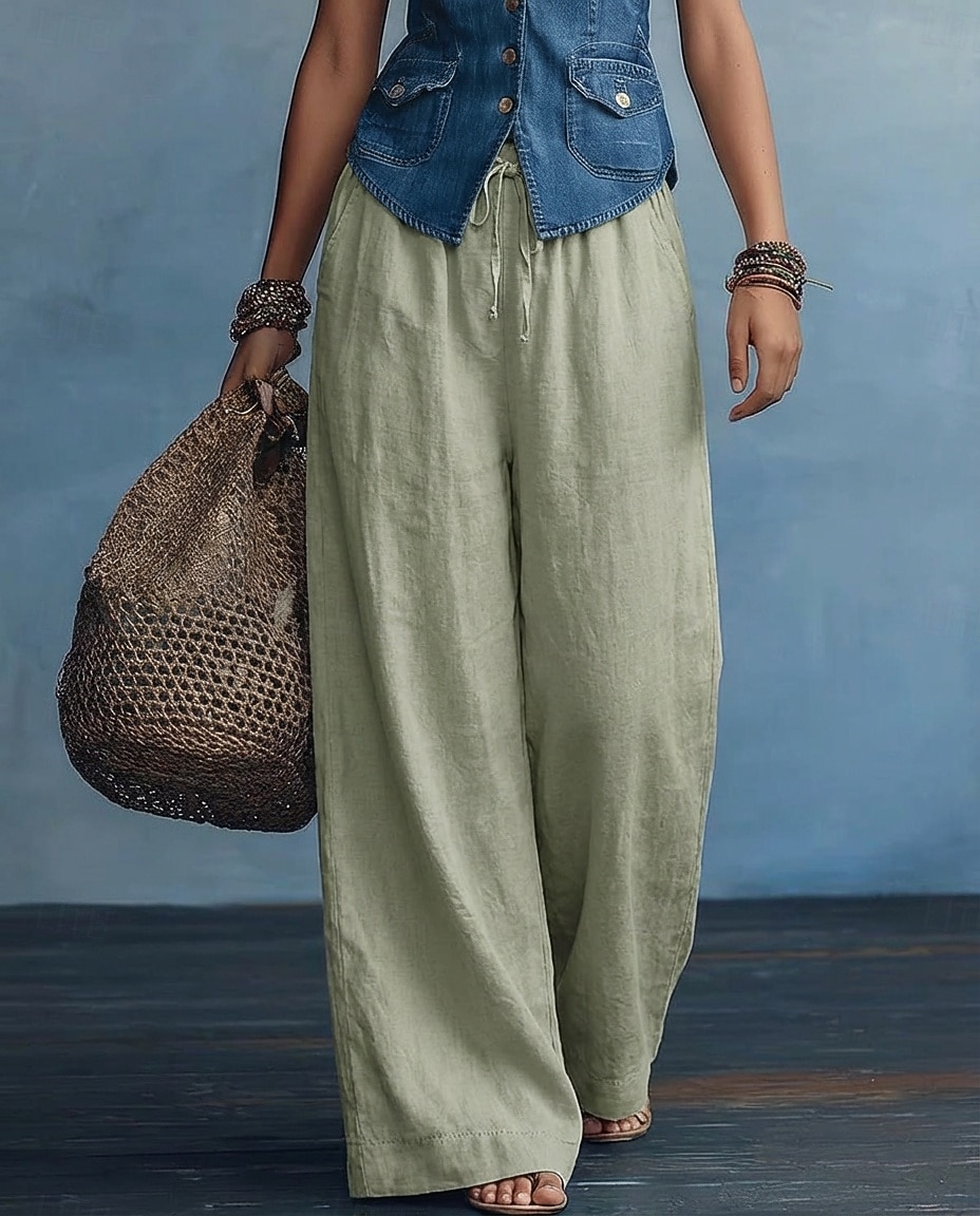 Damen Kunstbaumwollleinen Hose Sommerhose Baggy-Hosen Elegant Urlaub Ethno-Stil Volle Länge Hohe Taille Kordelzug Weites Bein Komfort Unelastisch Täglich Strand Formell Violett Mandelfarben Schwarz 2026 - $21.99 –P2