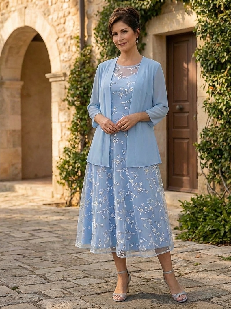 Zweiteilig A-Linie Knöchellänge Tee-Länge Kleid für Hochzeitsgäste Brautmutterkleid Ärmellos Dreiviertelarm Rundhalsausschnitt Elegant Einfach Minimalistisch Formell Semi-Formal Chiffon Spitze mit 2026 - $171.99 –P1