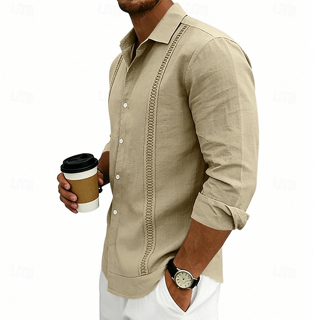 Herren Hemd Leinenhemd Sommerhemd Strandhemd Einfach Lässig Urlaub Schwarz Weiß Marineblau Khaki Langarm Umlegekragen Sommer Frühling Bekleidung Patchwork 2026 - $25.99 –P17