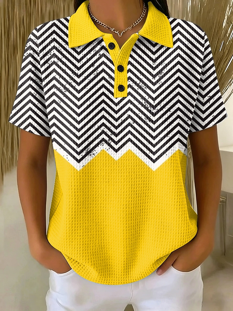 Damen Waffel-Poloshirts Grafik Geometrisch Vintage Stilvoll Klassisch Kurzarm Polokragen Normale Oberteile Lässig Täglich Weiß Gelb Purpur Sommer Frühling 2026 - $24.99 –P2