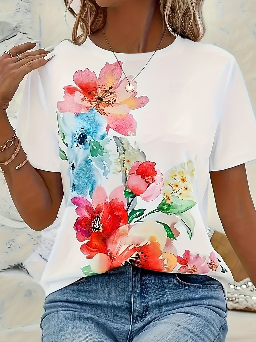 Mujer Camiseta Estampado Floral Graphic Moda Elegante Clásico Manga Corta Cuello Barco Tops regulares Casual Diario Rosa Verano Primavera 2026 - $21.99 –P1