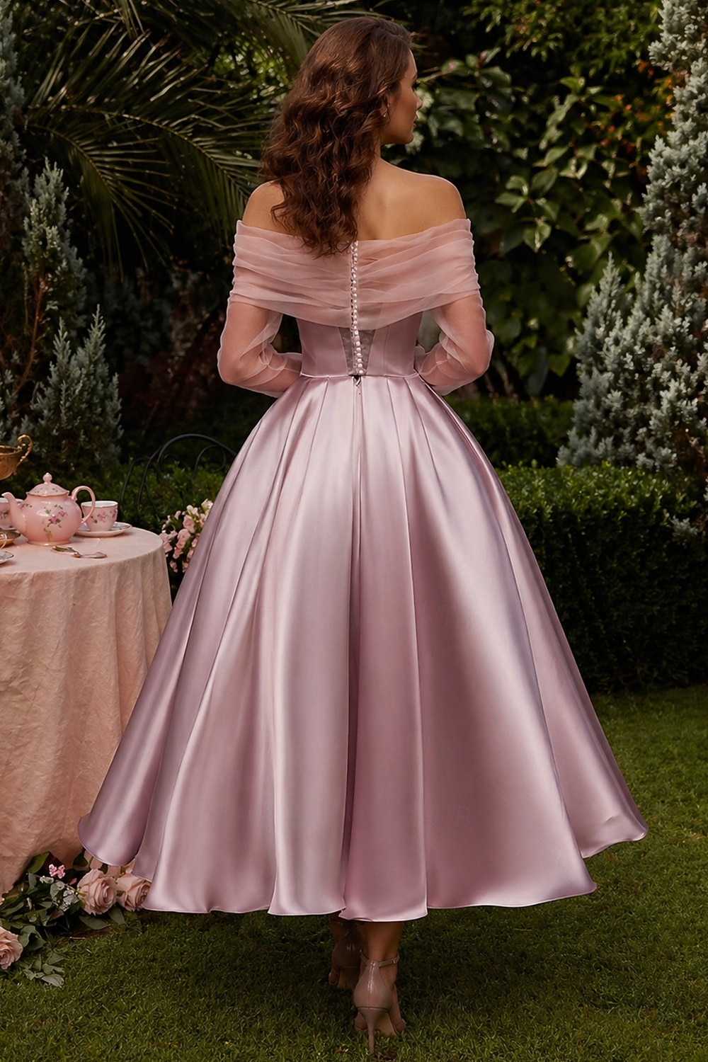 Ballkleid A-Linie Knöchellänge Cocktailkleider Partykleider Elegant Vintage Langarm Schulterfrei Hochzeit Formell Abnehmbar Satin mit Schal 2026 - $149.99 –P6