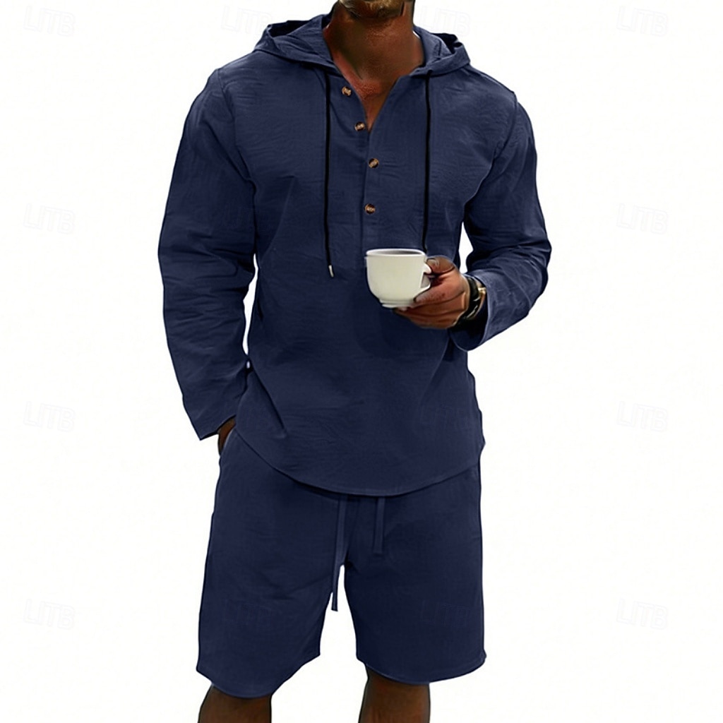 Herre Linskjorte 2 deler Popover skjorte Og Shorts Lin Shorts Strandshorts Sett عادي Daglig utendørs Feriereise Med hette Langermet Sommer Mote Fritid Bekvem Klær 2026 - $36.99 –P8