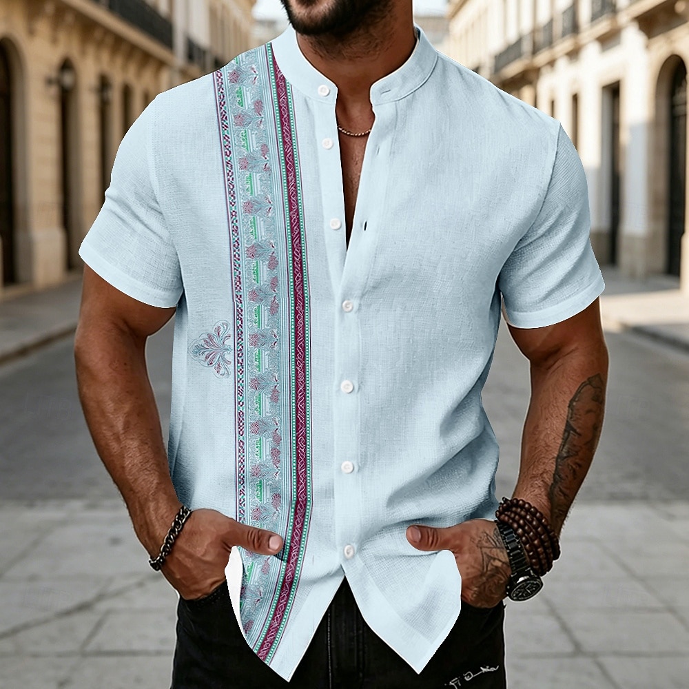 Men's Floral Print Ethnic Shirt Button Up Shirt Stand Collar Shirt Short Sleeve Vintage Retro Vacation Dailywear Beach Wear Summer Spring Mandarin Collar 3D Print Linen Like Shirt Blue Pink Khaki 2026 - $25.99 –P3