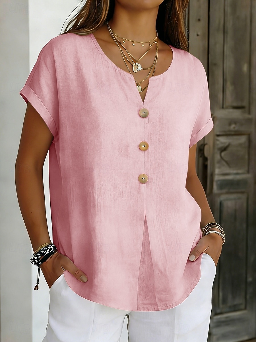 Mulheres Blusa Botões Côr Sólida à moda Básico Casual Manga Curta Decote V Tops regulares Diário Azul Preto Branco Rosa Roxo Verão Primavera de 2026 por $21.99 –P3