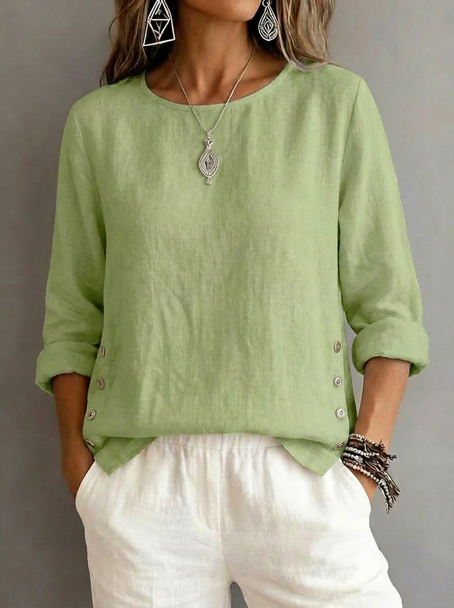 Per donna Blusa Arricciato Bottoni Semplice Vintage Elegante Manica Lunga Girocollo Top Regolari Quotidiano Ferie Uscire Blu Nero Bianco Giallo Rosa Estate Primavera del 2026 a $10.99 –P3