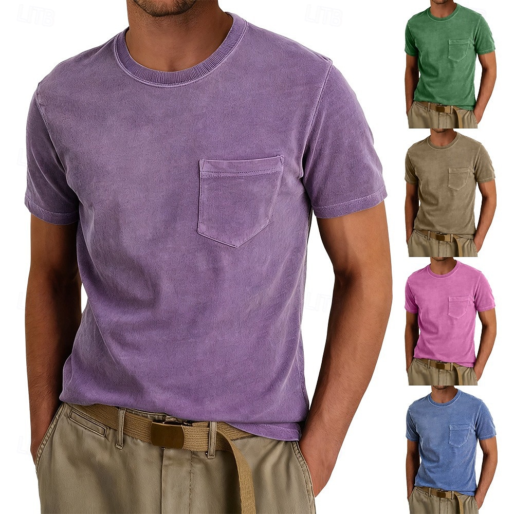 Per uomo Maglietta Camicia 100% cotone lavaggio acido Manica Corta Girocollo Estate Primavera Tutte le stagioni Tinta unica Elegante Vintage Neutro Tasca Girocollo Sbiadito Casuale Casa All'aperto del 2026 a $20.99 –P1