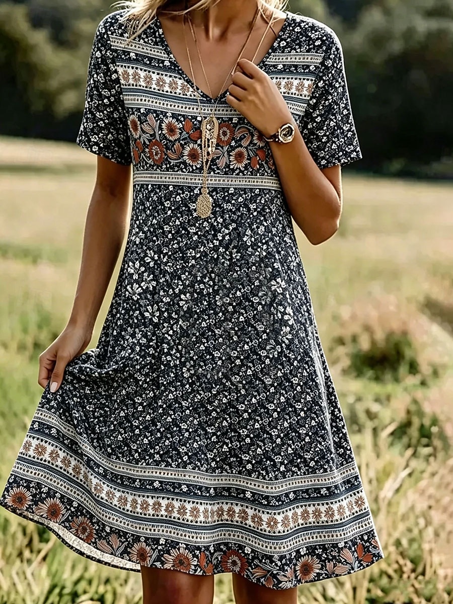 Halloween Women's Knee Length Dress Sundress T Shirt Dress Tee Dress A Line Dress Vacation Casual Boho Beach Regular Fit Floral Graphic Short Sleeve V Neck Black Summer Spring 2026 - $24.99 –P1