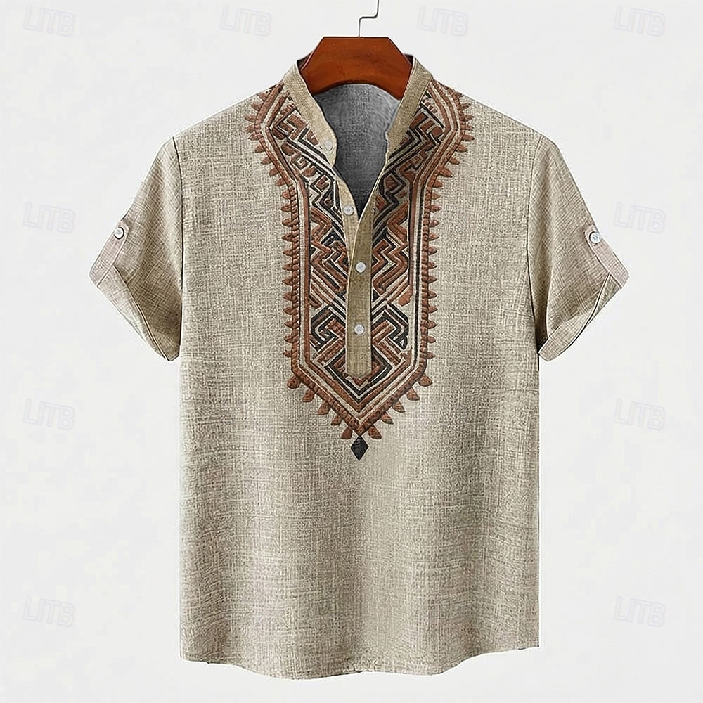 Bărbați Model Geometric Tribal Έθνικ Cămașă Cămașă cu nasturi Manșon scurt Vintage Retro Concediu Casul / Zilnic Vară Primăvară Guler în picioare Henley Guler Imprimare 3D Cămașă de in Sötét khaki 2026 - $25.99 –P1