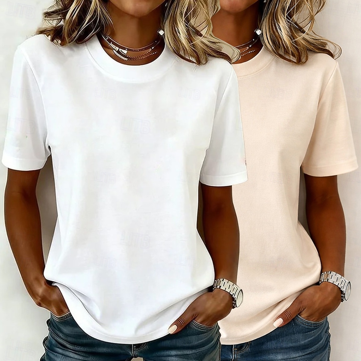 Kvinners 100% bomull T-skjorte basic klassisk moderne kortermet rund hals vanlige topper casual daglig utgang svart/rød hvit+rosa hvit/svart grønn/blå hvit+orange sommer vår 2026 - $10.49 –P9