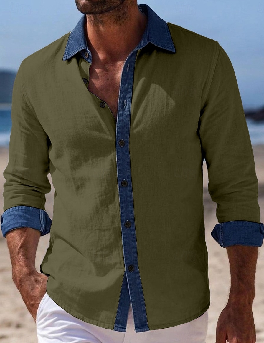 Men's Shirt Linen Shirt Summer Shirt Beach Wear Beach Shirt Button Up Shirt Color Block Vacation Holiday Blue Black White Pink Long Sleeve Turndown Summer Spring Clothing Apparel Patchwork 2026 - $26.99 –P8