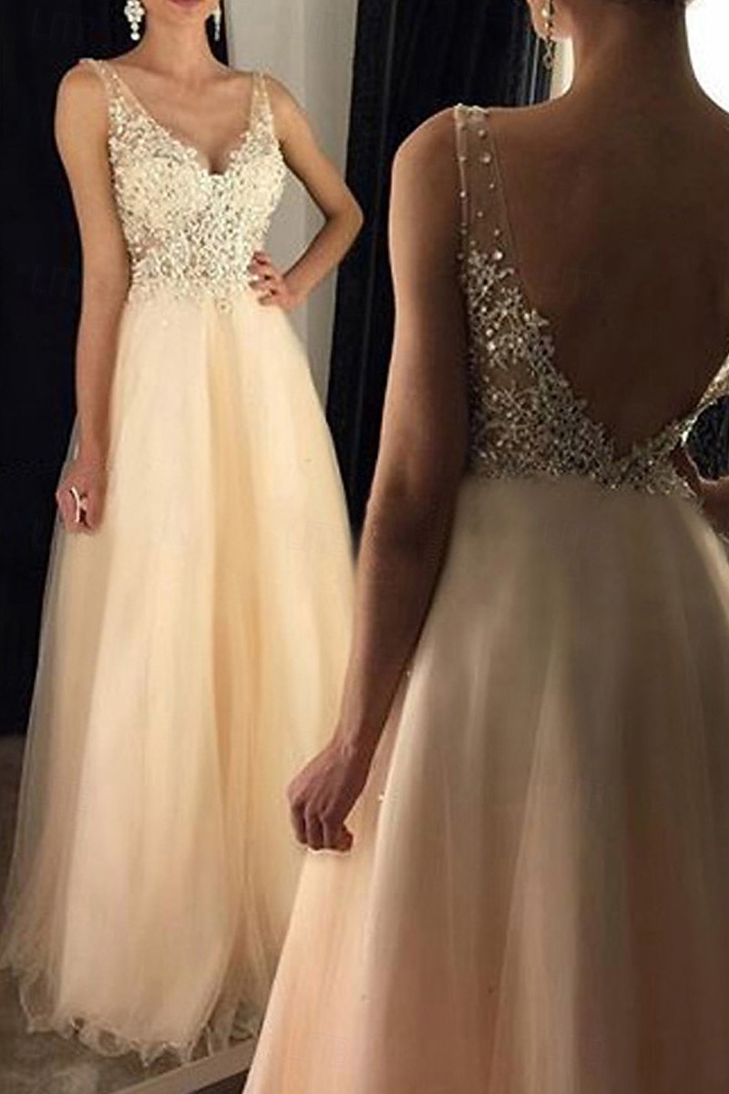 Ligne A Longueur au sol Robes de Bal Éclat & Brillance Dos Nu Sans manches Col en V Bal de promo Formel Tulle Dos en V avec Perlage Appliques de 2026 ? $201.29 –P4