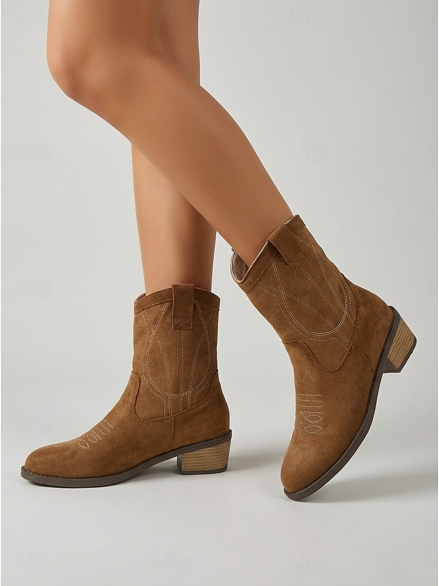 Women's Taupe Suede Western Ankle Boots - Classic Cowboy Short Boots with Embroidery & Block Heel for Outdoor Music Festivals, Country Concerts & Boho Style 2026 - $46.99 –P1