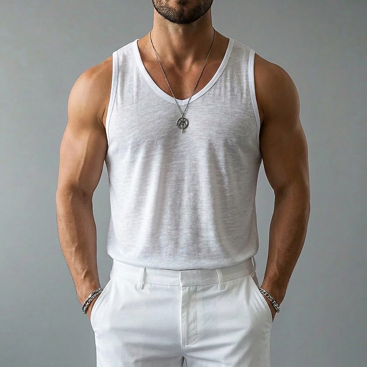 Herre Linne Tank Top Ermeløs skjorte Wifebeater skjorte Ermeløs Crew-hals V-hals Sommer Vår Alle årstider عادي Mote Grunnleggende Bohemsk Tynn Myk Ren Avslappet Strand Feriereise Blå Svart Hvit Topp 2026 - $19.99 –P6