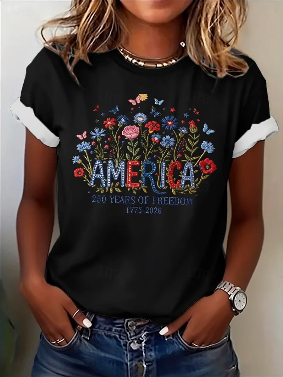 Dia da Independência Americana Mulheres Camiseta Imprimir Floral Gráfico Bandeira à moda Clássico Casual Manga Curta Gola Redonda Decote Redondo Tops regulares Casual Diário Azul Preto Branco Rosa de 2026 por $22.99 –P3