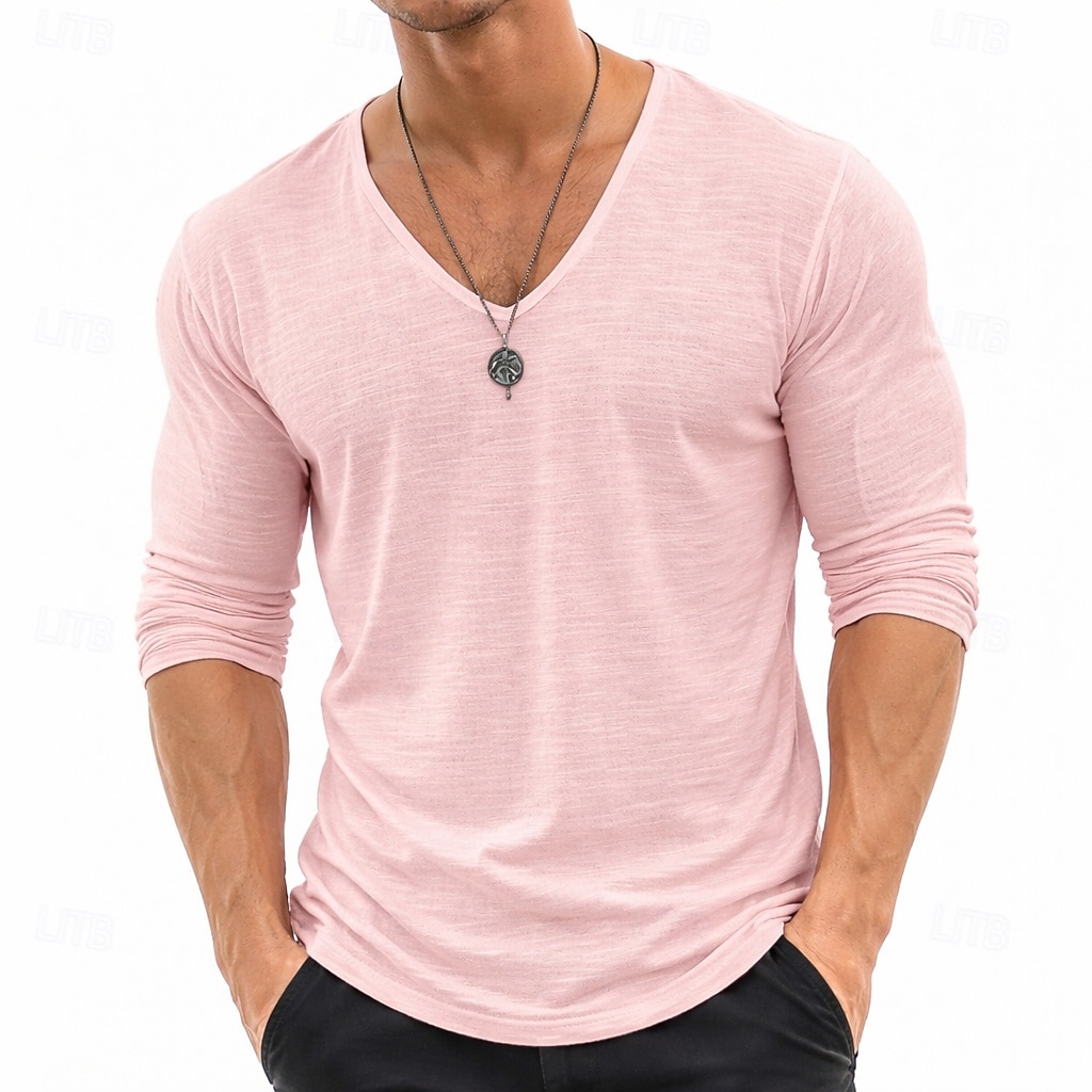 tricou bărbătesc din in, mânecă lungă, decolteu în V, vară, primăvară &Tricou de vară, culoare solidă, simplu, zilnic, casual, stil stradal, simplu, exterior, casual, albastru deschis, albastru-negru, 2026 - $20.99 –P7