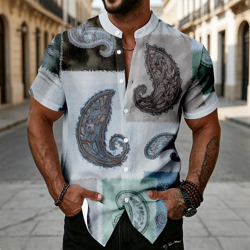 Men's Paisley Patchwork Floral Print Shirt Button Up Shirt Stand Collar Shirt Short Sleeve Ethnic Vintage Retro Vacation Dailywear Beach Wear Summer Spring Mandarin Collar 3D Print Linen Like Shirt 2026 - $25.99 –P2