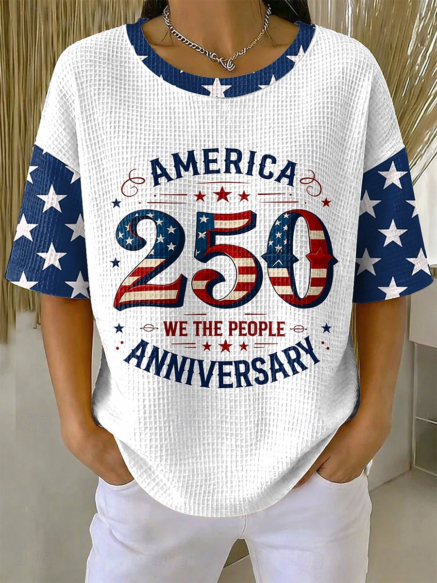 Dia da Independência Americana Mulheres Camiseta Waffle Tops tricotados texturizados Gráfico Bandeira americana à moda Clássico Manga Curta Gola Redonda Tops regulares Casual Diário Azul Vermelho de 2026 por $21.99 –P2