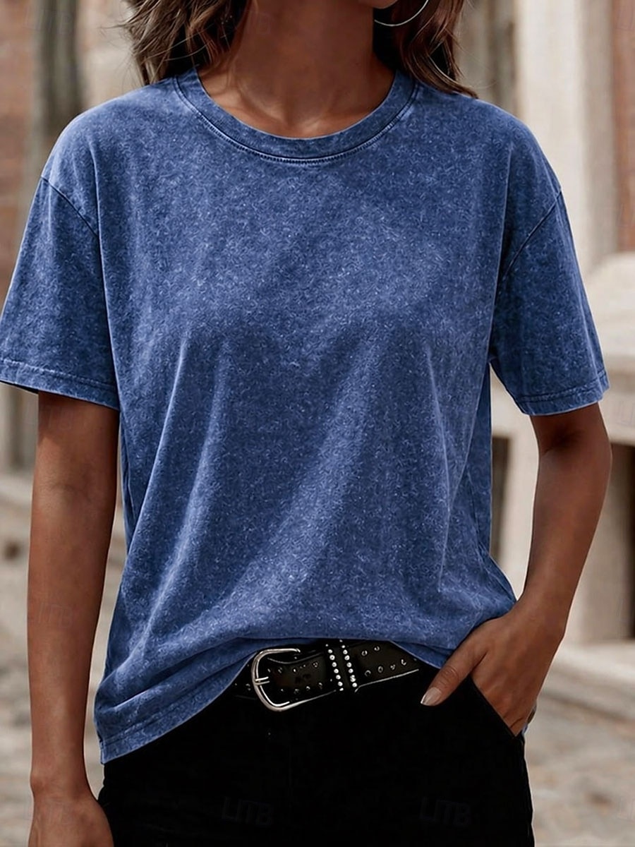 Tricou softfade™ pentru femei, 100% bumbac, spălat, vintage, topuri, modă, stilat, clasic, mânecă scurtă, guler rotund, topuri lungi, casual, zilnic, plajă, roz, roșu, albastru, verde iarbă, negru, portocaliu, vară, primăvară 2026 - $21.99 –P12