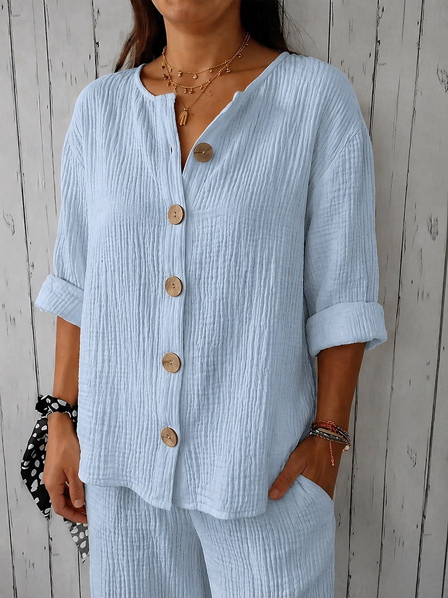 Per donna Camicie di cotone e lino Vacanza Casual Bianco Giallo Rosa Viola Azzurro Estate Primavera del 2026 a $27.99 –P8