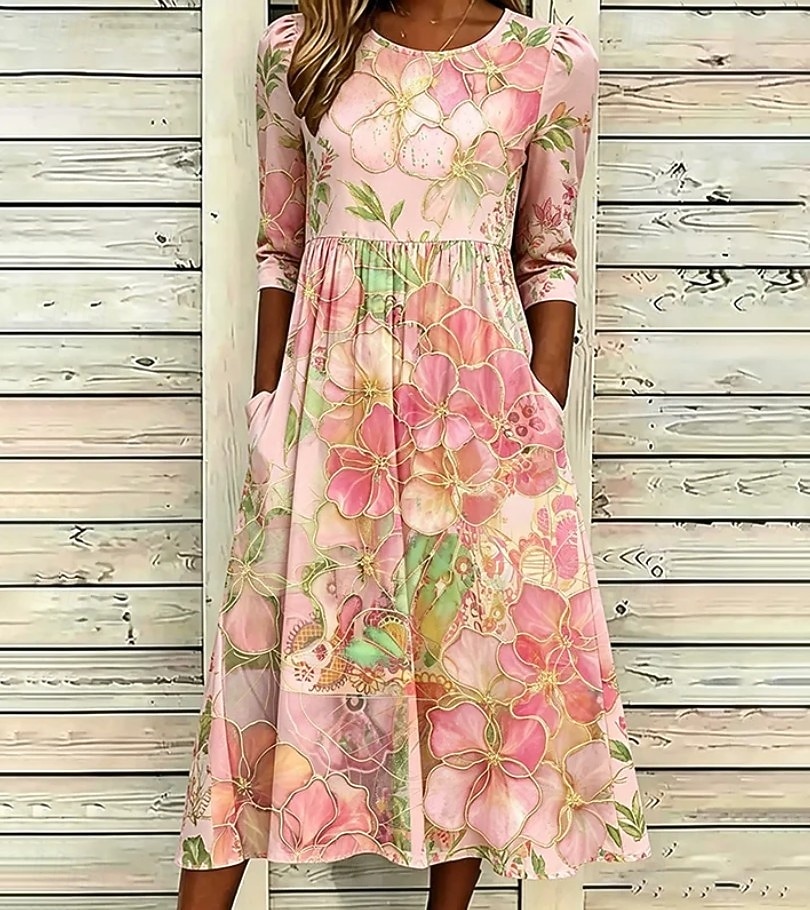 Per donna Abito Midi Abito a Tubino Vacanza Casual Boho Quotidiano Abito Estivo Abito Primaverile Vestibilità regolare Floreale Grafico Mezza Manica Girocollo Rosa Azzurro cielo Beige Estate Primavera del 2026 a $32.99 –P10