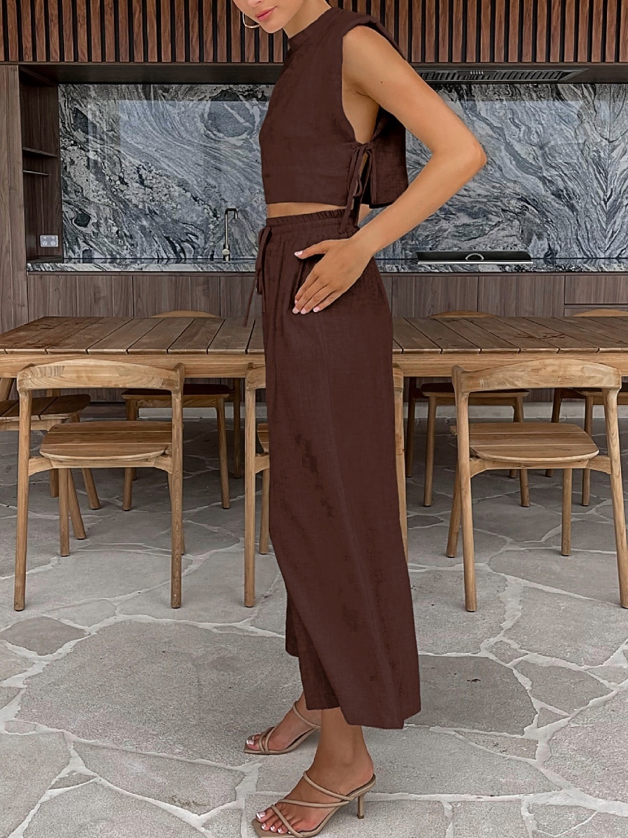 Women's Cotton Linen Sets Two Piece Sets Camis Sleeveless Crew Neck Plain Vacation Fashion Streetwear Casual Daily Outdoor Orange Brown Green Summer Regular Fit 2026 - $51.99 –P7