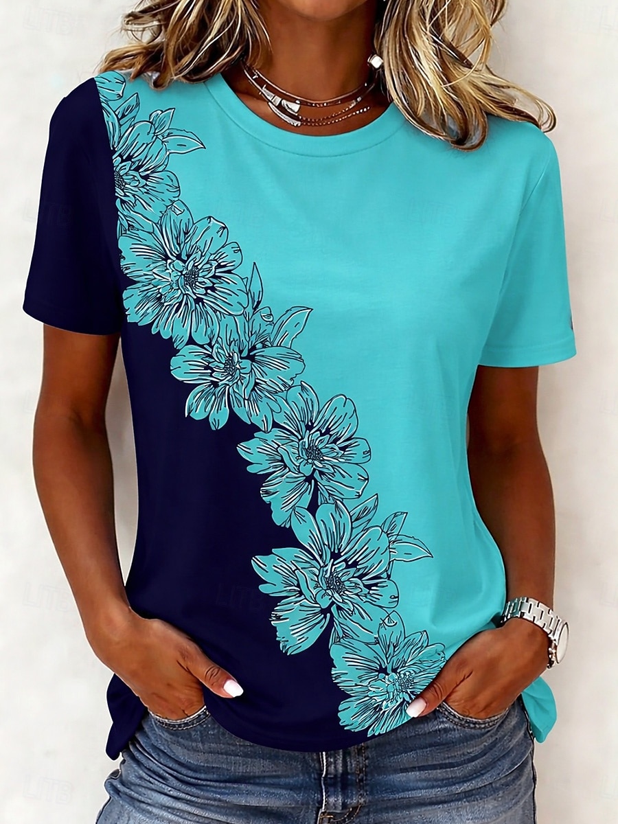 Dam T-shirt Mönster Blommig Grafisk Växter bohemliv Hawaiisk Stylish Kortärmad Rund hals Långa toppar Dagligen Blå Svart Ljusrosa Gul Mörkgrön Sommar Vår 2026 - $7.99 –P11