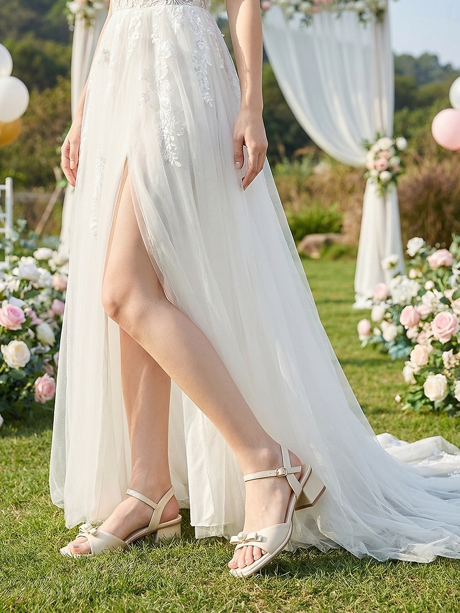 Γυναικεία νυφικά σανδάλια με ιβουάρ τακούνι – κομψά νυφικά παπούτσια με ανοιχτή μύτη και λουράκι στον αστράγαλο για νύφες που γιορτάζουν τον γάμο τους στον κήπο 2026 - $36.99 –P1