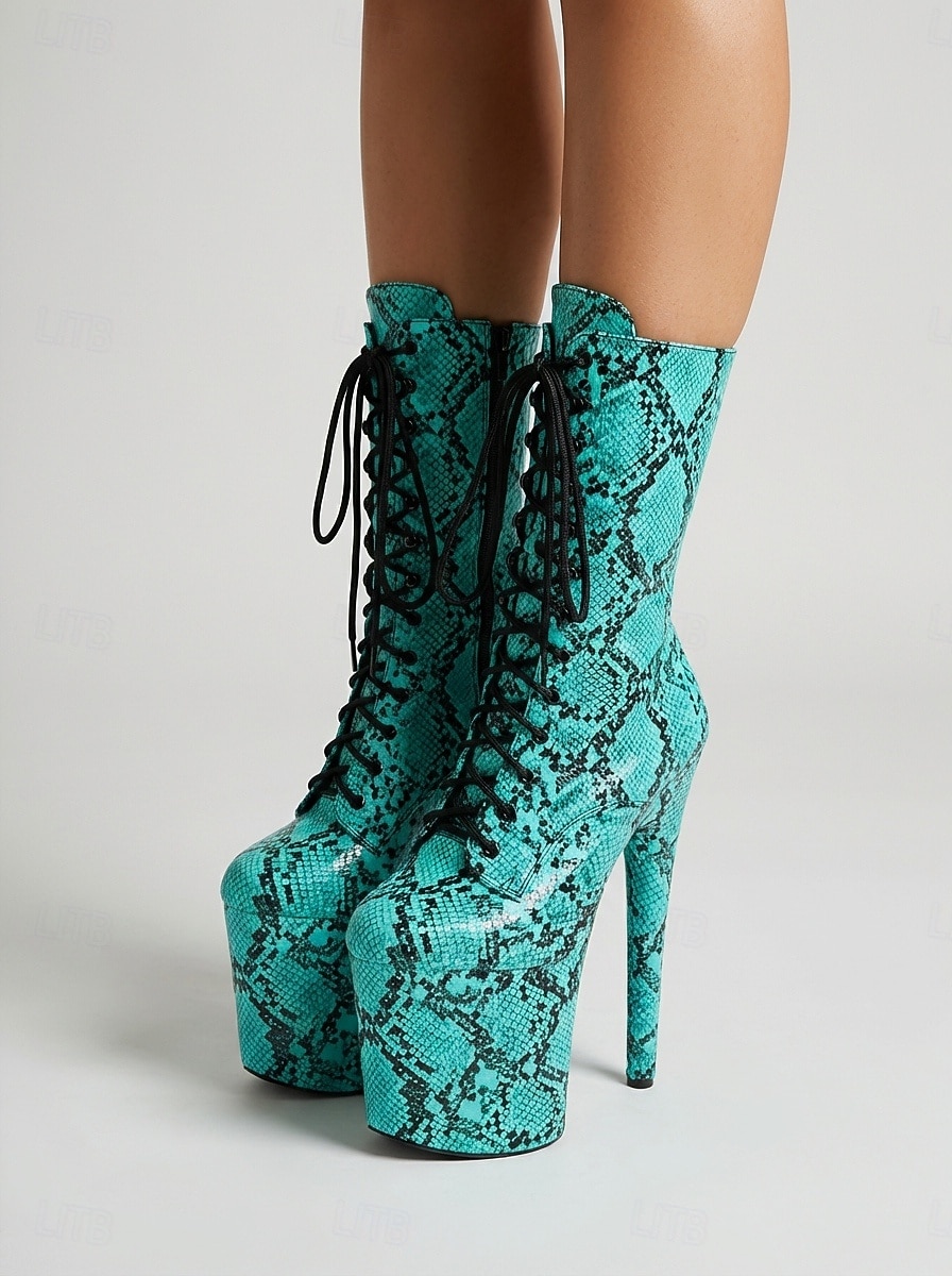 Damen-Plateau-Kniestiefel mit Schlangenmuster in Türkis – 20 cm hoher Absatz, Schnürung, ideal für Pole Dance &Nachtclub-Partystiefel 2026 - $109.99 –P2