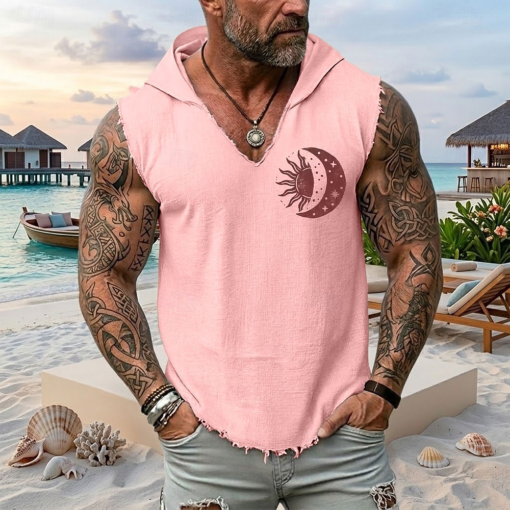 Gilet con cappuccio senza maniche da uomo con stampa "sole luna e eclissi celeste" stile boho mistico vintage costiero, orlo sfrangiato, vestibilità ampia, ideale per l'estate, la spiaggia e le del 2026 a $19.99 –P4