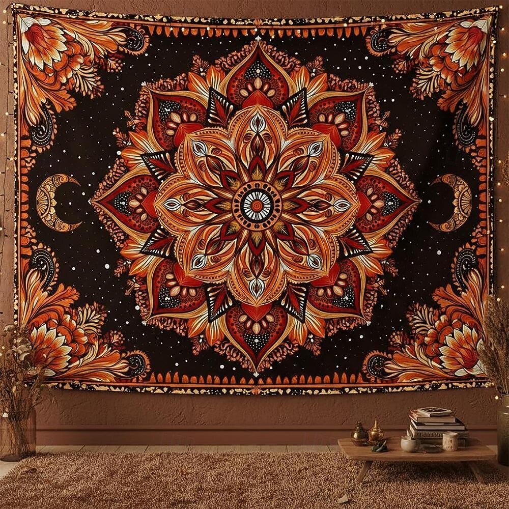Tapiserie de perete cu mandala boho, semilună, noapte înstelată, floare, agățat de perete, portocaliu ars, hippie, artă psihedelică, poster mare din material textil, pentru dormitor, cămin, living, 2026 - $20.99 –P1