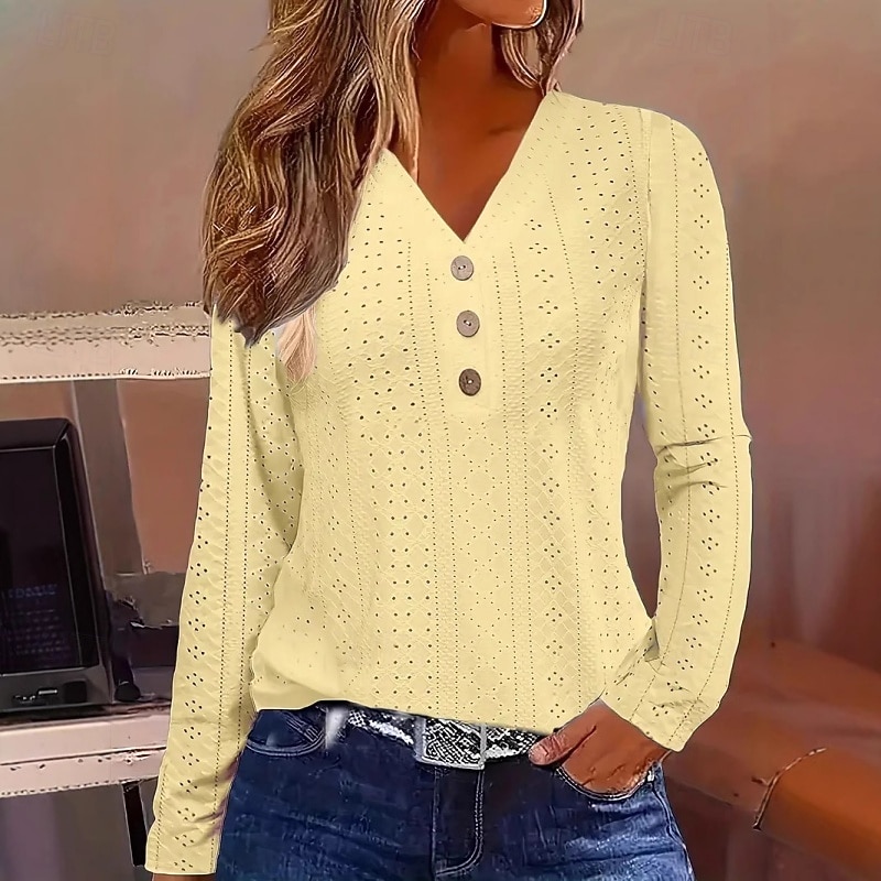 Women's T Shirt Eyelet top Tee Top Buttons Plain Fashion Classic Casual Long Sleeve V Neck Regular Tops Daily Going out Weekend White Yellow Pink Sky Blue Summer Spring 2026 - $22.99 –P4