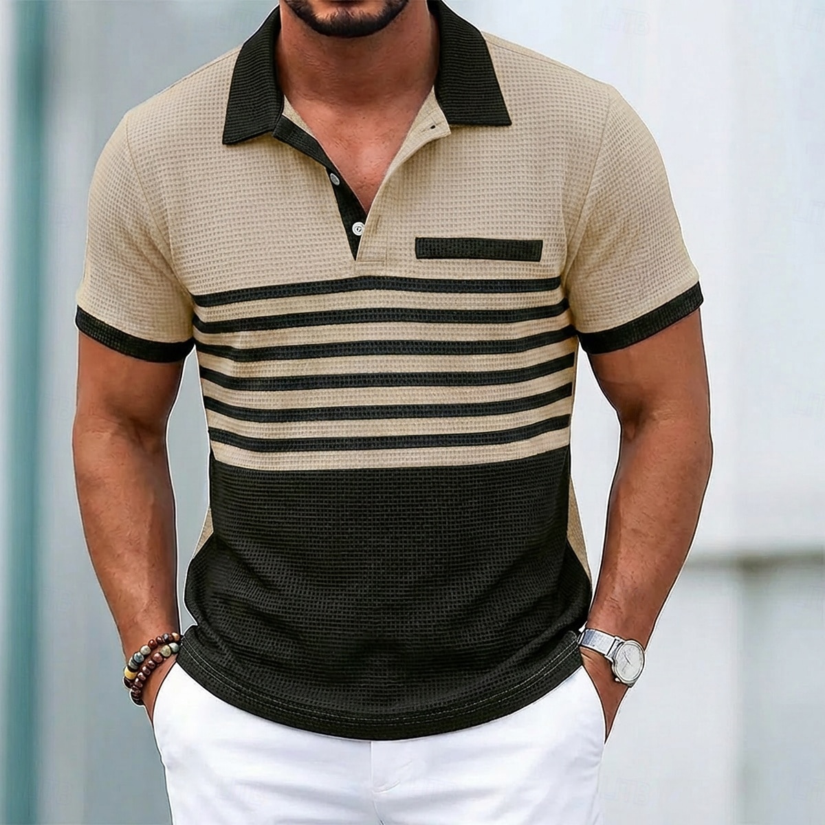 Voor heren Golfshirt Wafelgebreid poloshirt Casual liiketoiminta Klassiek Korte mouw Modieus Modern Effen Kleur Gestreept Knop Zomer Lente Normale pasvorm Wit Koningsblauw Groen Khaki Grijs Golfshirt 2026 - $20.99 –P5
